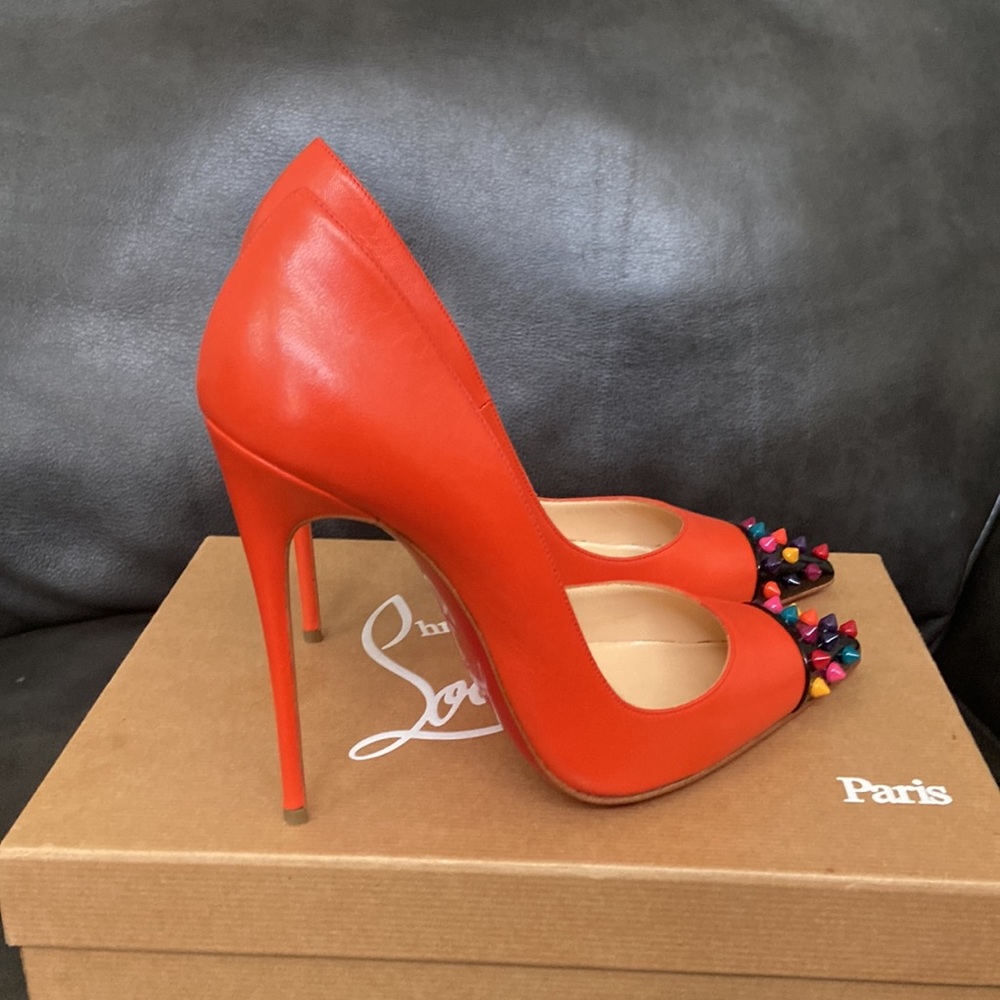 Christian Louboutin Red Leather Stiletto Pumps with Multicolor Studded Toe